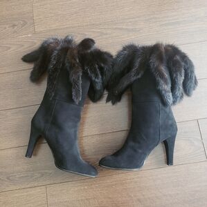 Andrew Geller Genuine Mink Fur Tail Suede Booties